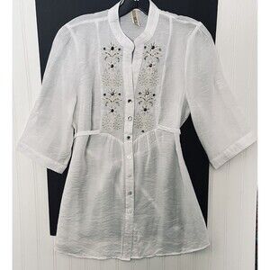 BKE Women  Tunic Embroidered & Beaded Crystal Buttons Tab Sleeves Tie Belt Large